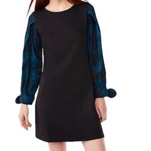 Long Sleeve Sweatshirt Dress with Plaid Print Sleeves Bow Cuffs XS